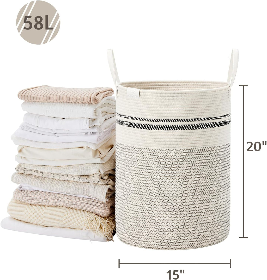 VIPOSCO Tall Laundry Basket, Large Dirty Clothes Hamper with Leather Handle, Woven Rope Storage Basket for Blanket, Toy In Living Room, Bathroom, Bedroom - 58L Stripe White