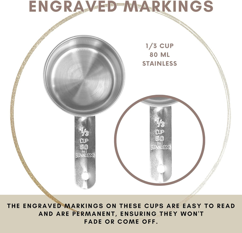 1/3 Cup Stainless Steel Measuring Cup | Sturdy Metal 80 ml | 80 cc | 3 oz | Single Cup for Wet and Dry Ingredients | Great for use as 1/3 Cup Dog Food Scoop - 4 PK