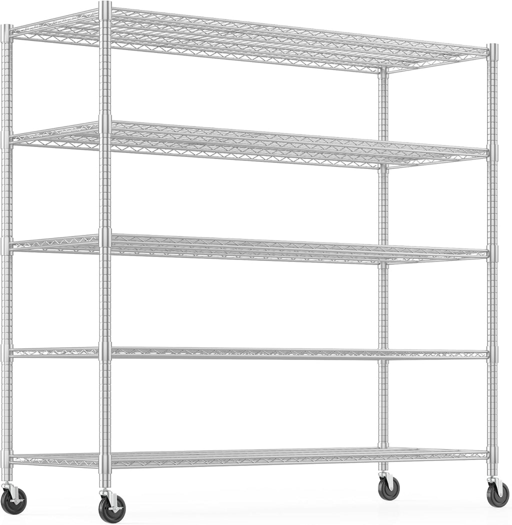 Himimi Storage Shelves with Wheels, 5-Tier Heavy Duty Steel Wire Rack Storage Shelving, Adjustable Metal Storage Shelves for Garage Kitchen Pantry Bathroom Laundry 18" D*60" W*82" H, Silver