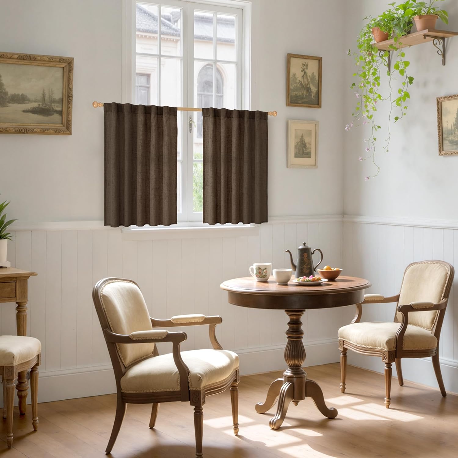 YoungsTex Brown Linen Cafe Curtains 36 Inches Long for Fall Decor, Small Light Filtering Drapes with Rod Pocket Back Tab Textured for Bathroom Kitchen Window, 2 Panels, 42 X 36 Inch