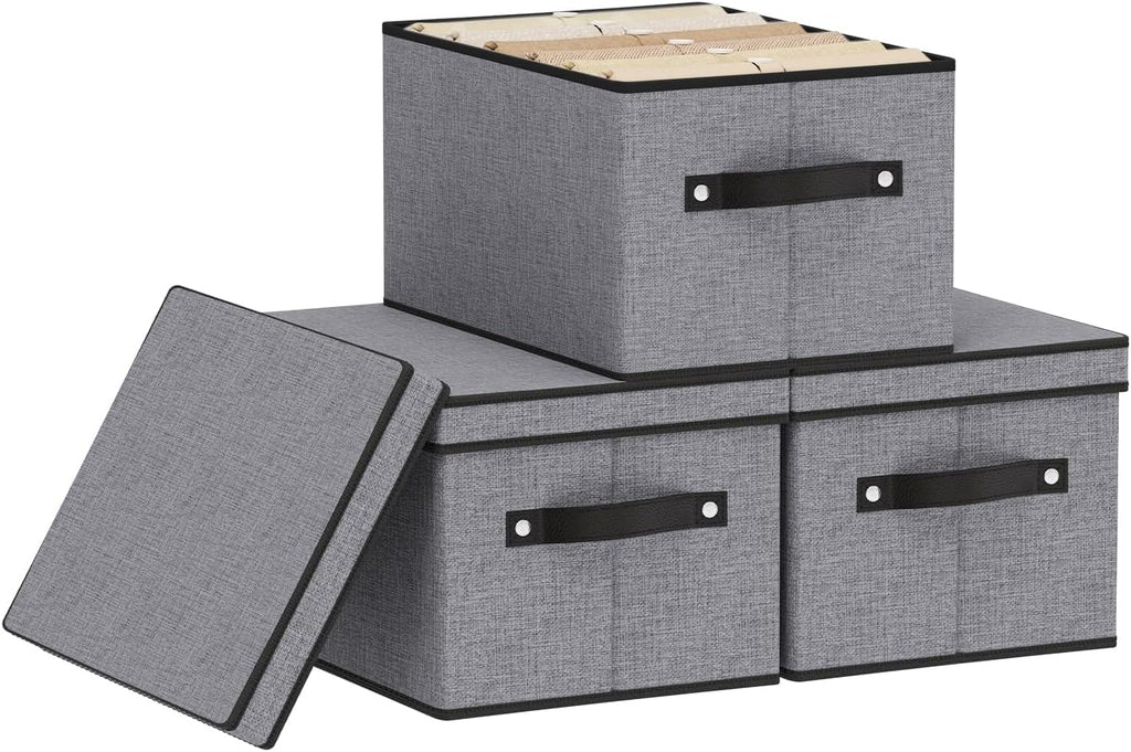 Fabric Storage Boxes, 7.1 x 9.1 x 13 Inch Baskets for Shelves with Lids, Wardrobe Organiser with Handles, Decorative Linen Closet Organizer Bins, Gray, 3 Pack
