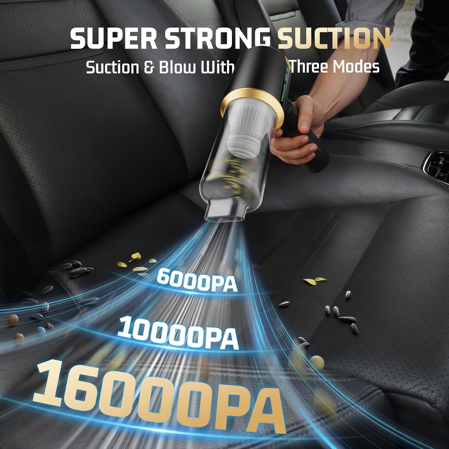 Car Handheld Vacuum Cordless: Car Vacuum Cleaner with 16000Pa Ultra-Strong Suction, Brushless Motor & HEPA Filter - Lightweight Design for Drivers and Office Workers- Glossy Black
