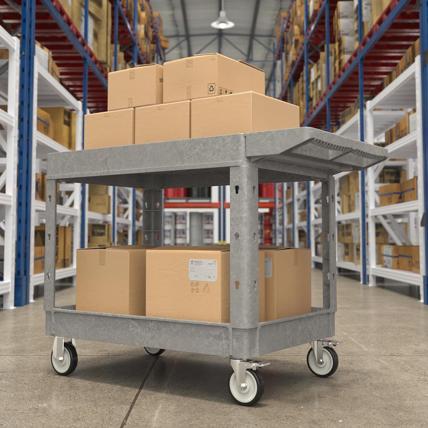 Large Garage Flat Top Utility Cart, Heavy Duty 2 Shelf Tool Cart Service Cart Rolling Push Carts with Ergonomic Handle 5" Swivel Casters.