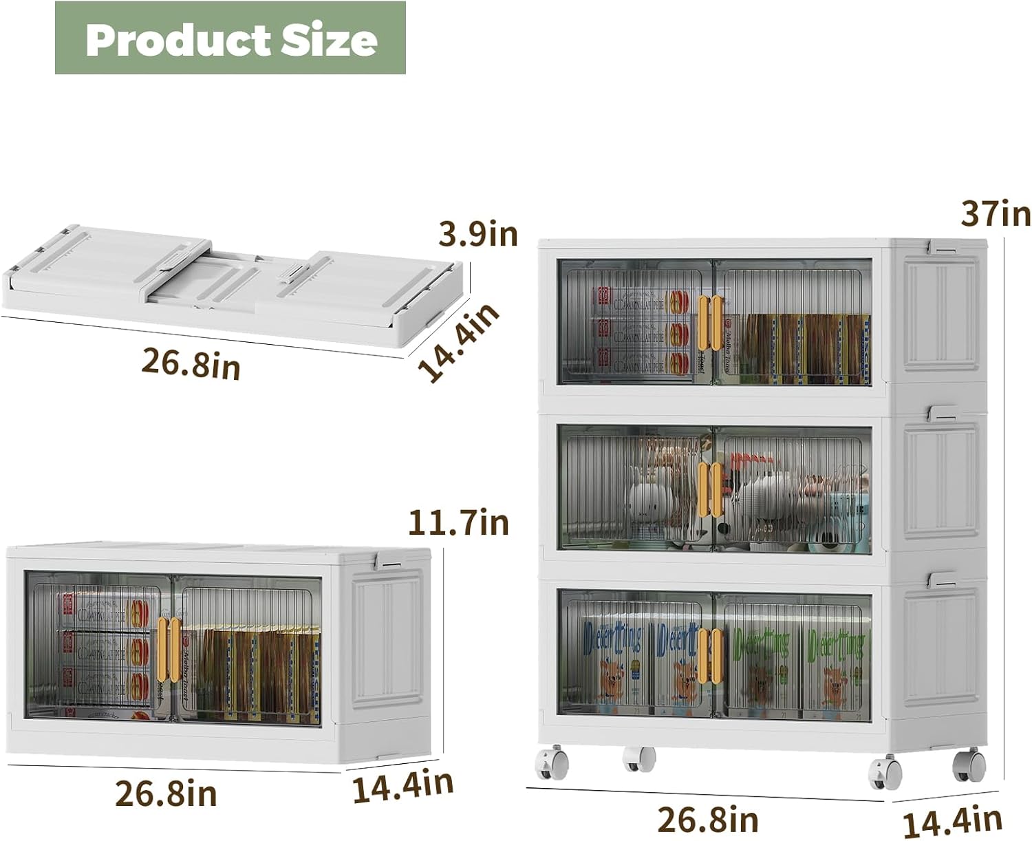 62 Gal Stackable Plastic Storage Bins with Lids 3 Tier, Collapsible Closet Organizers and Storage with Wheels for Living Room,Office,Dorm 26.8" W x 14.4" D x 37" H