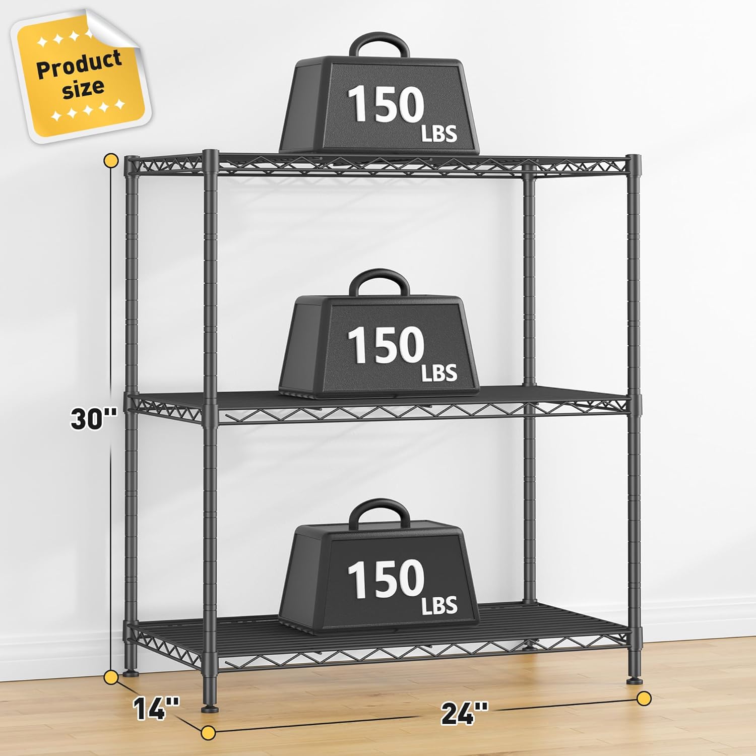 Storage Shelves Adjustable Wire Shelving Metal Wire Rack Shelving Unit Storage Shelf for Kitchen Laundry Room Pantry Closet Bathroom 24" W x 30" H x 14" D Black