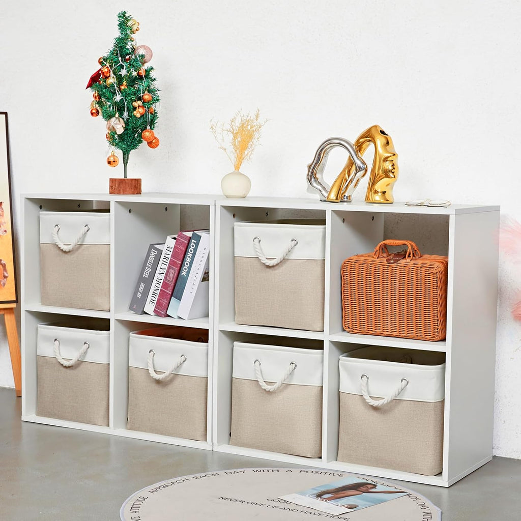 12 x 12 Inch Cube Storage Bins, 6 Pack Large Collapsible Fabric Storage Bin with Ropes, Foldable Storage Cubes for Home, Office,Closet, Clothes, Toys Organizer (White & Beige)