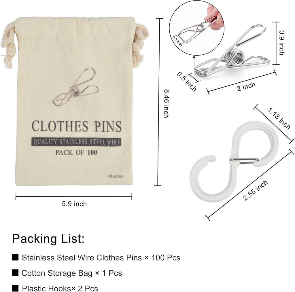 100 Pcs Clothespins Laundry Chip Clips - Durable Stainless Steel Clothes Pins,Heavy Duty Clamp Metal Wire Clothes Pegs with One Storage Bag & 2 Hooks,for Outdoor Clothesline Home Kitchen Office