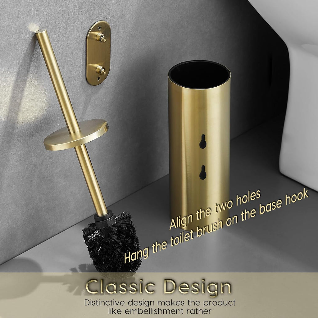 Gold Brushed Stainless Steel Toilet Brush and Cover, No-Punch Hook Base Dual Purpose Toilet Brush Holder with Removable Inner Bucket and Splash Cover - Soft Bristles (Brushed Gold)