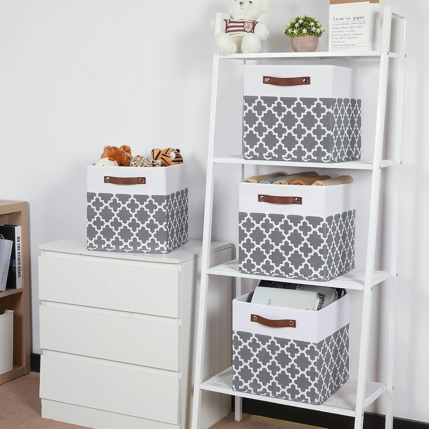 Temary 12x12x12 Fabric Storage Bins 4 Pack with Leather Handle, Foldable Cubes Storage Box Baskets for Closet, Shelf (White&Lattice)