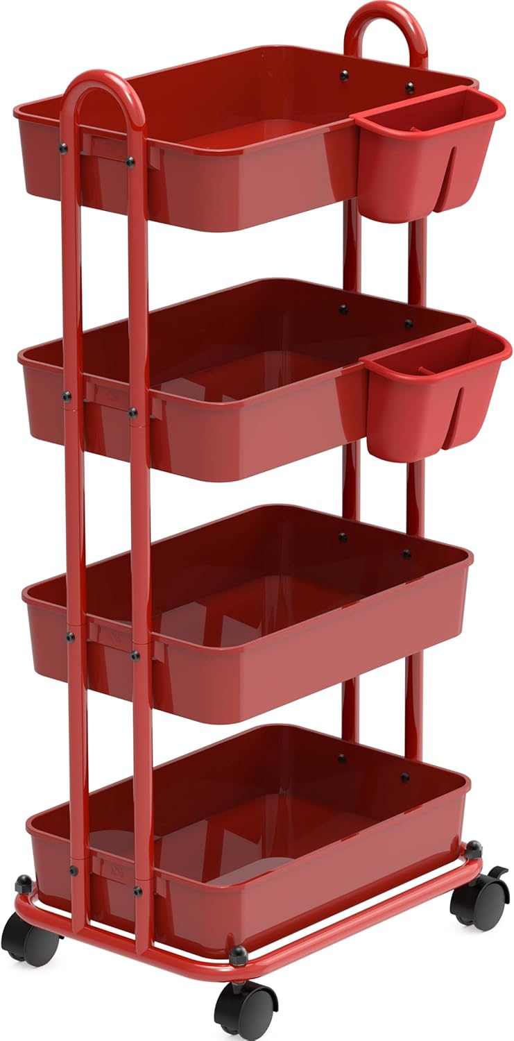 Simple Houseware 4-Tier Multifunctional Rolling Utility Cart with Hanging Buckets, Red