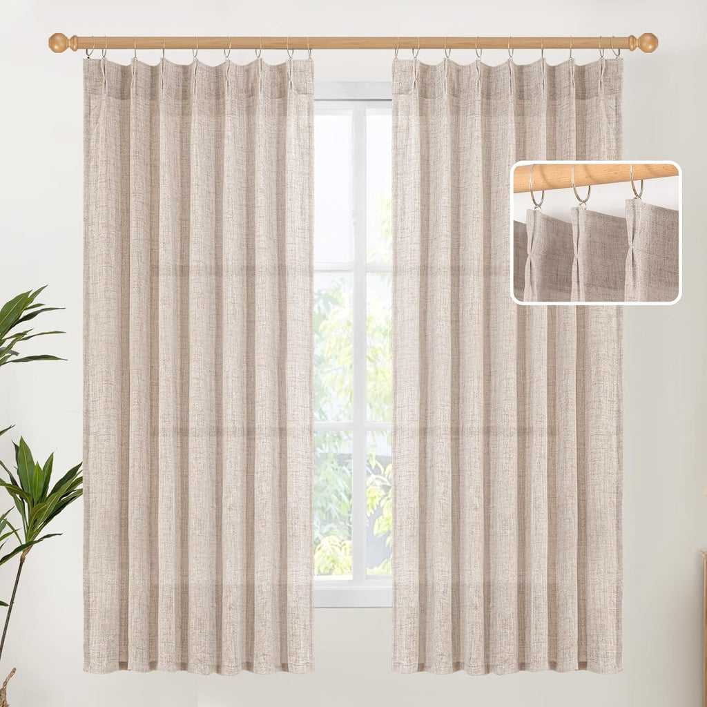 YoungsTex Natural Linen Curtains 63 Inch Length 2 Panels - Light Filtering Semi Sheer Window Drapes Textured Rustic with Pinch Pleated for Bedroom Living Room Office, 2 Panels, 40 X 63 Inch