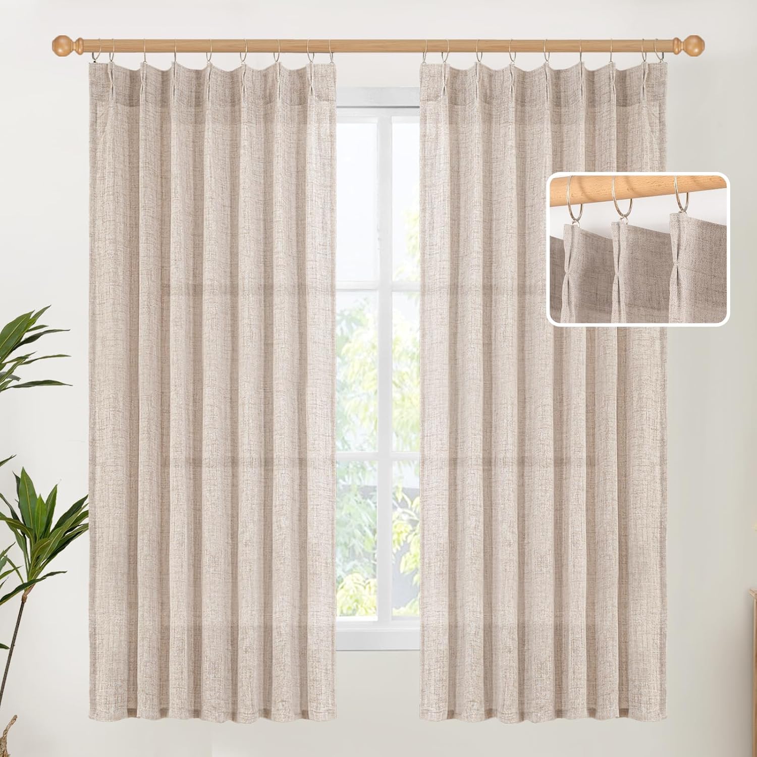 YoungsTex Natural Linen Curtains 63 Inch Length 2 Panels - Light Filtering Semi Sheer Window Drapes Textured Rustic with Pinch Pleated for Bedroom Living Room Office, 2 Panels, 40 X 63 Inch