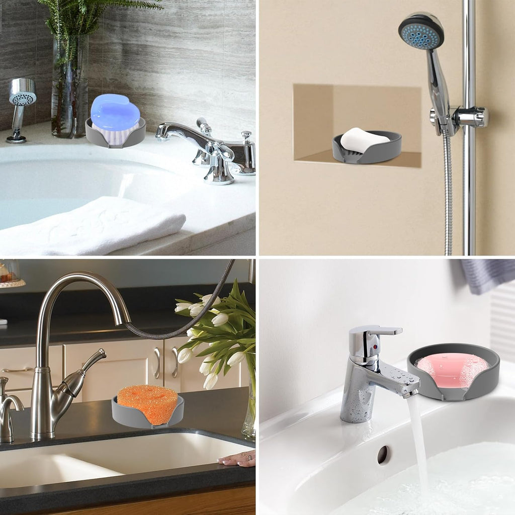 Self Draining Soap Dish, Silicone Suction Cup Soap Holder Tray Savers Container Sponge Holder for Bar Bathroom Shower Kitchen Sink, Can Extend Soap Life (1, Gray)