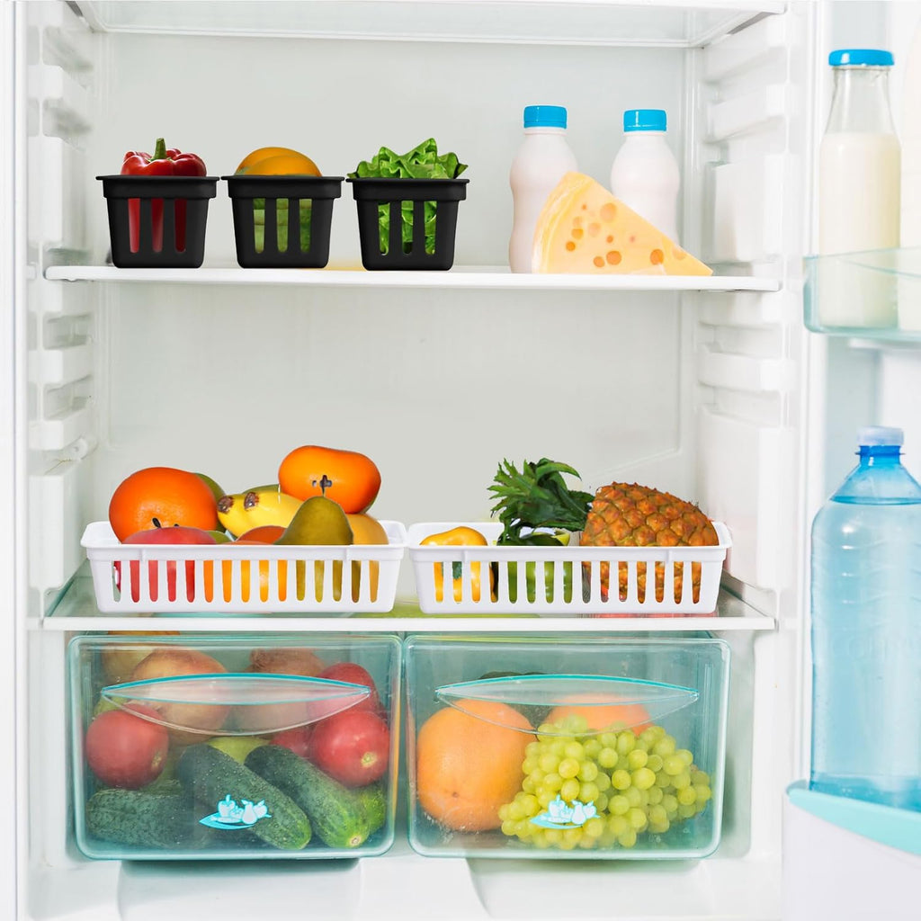 Domensi 12 Pack Slim Plastic Storage Baskets Tray for Organizing 10.25x3.25x2.5 Inch Small Narrow Storage Bins Stackable Drawer Pencil Trays Holder for Desk Garage Cabinet Container (White, Black)