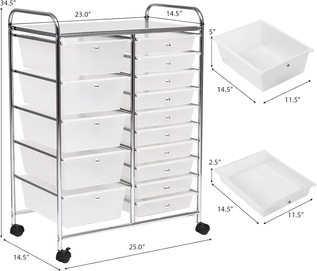 GOFLAME 15-Drawer Rolling Storage Cart, Multipurpose Movable Organizer, Utility Cart for Home, Office, School, Clear
