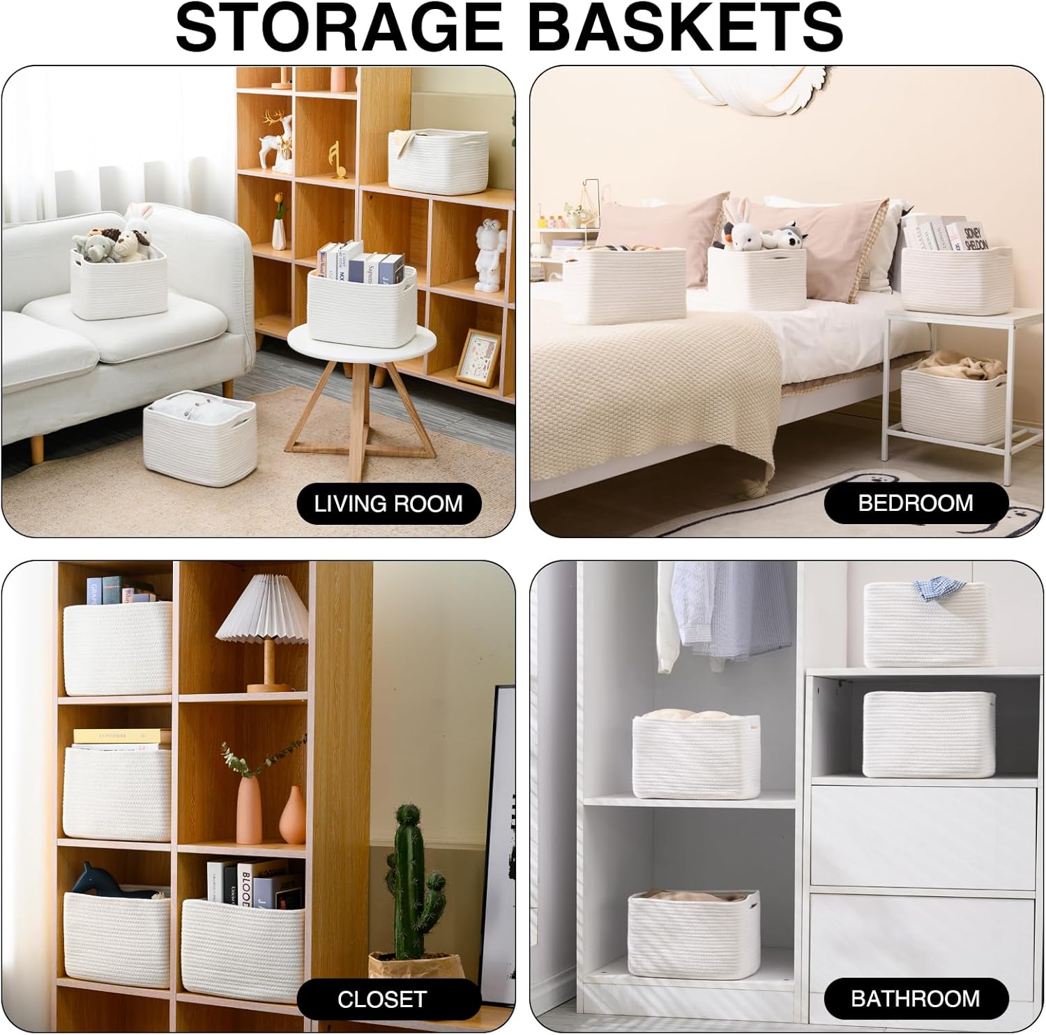 Storage Baskets for Organizing, Woven Basket for Storage, Storage Baskets Bin for Shelves, Cotton Rope Basket with Handles, 12.5"Lx9.1"Wx7.9"H, (4 Packs) Off White