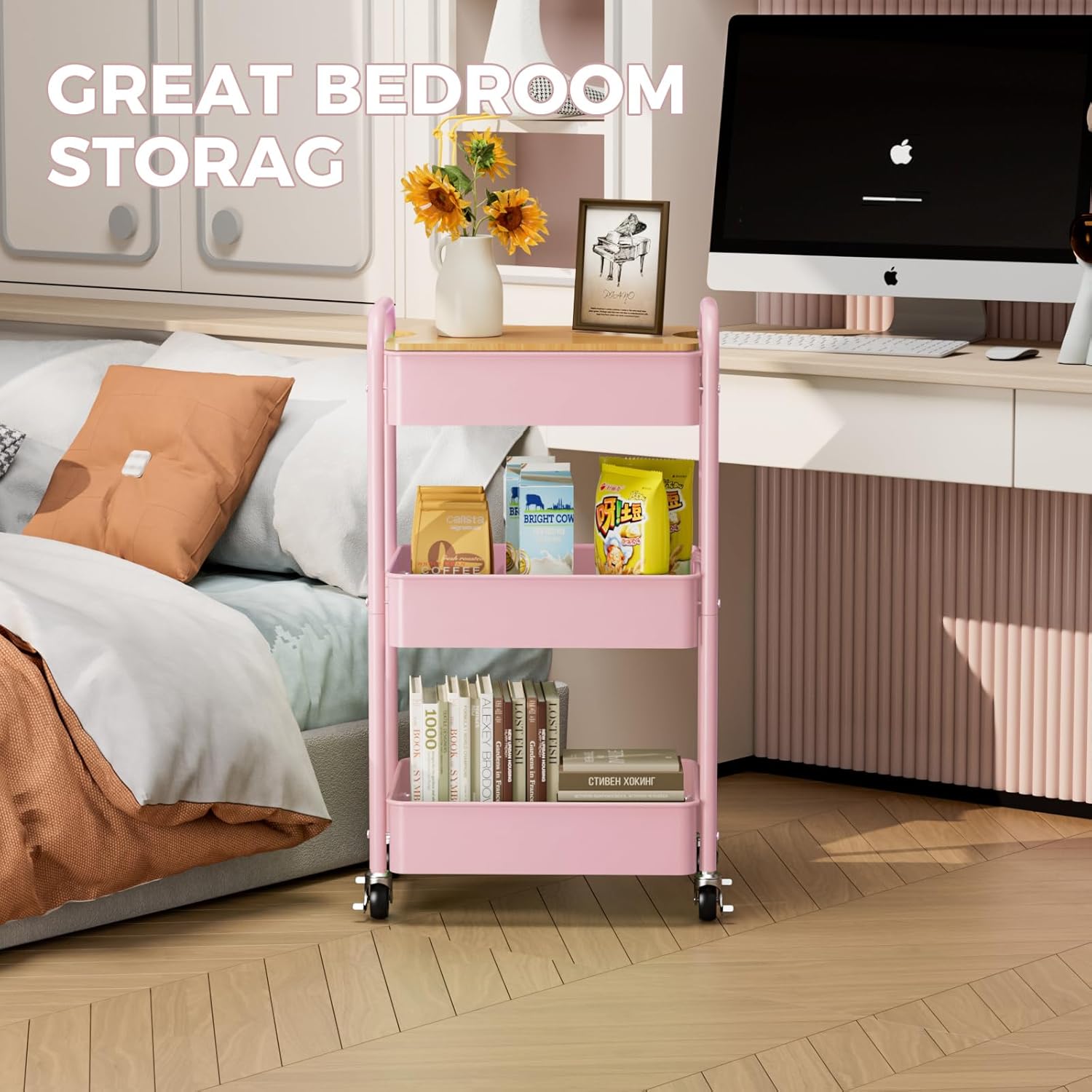 3 Tier Rolling Cart with Table top, Metal Rolling Utility Cart, Sturdy Storage Organizer Cart with Locking Wheels & Hooks for Office, Classroom, Kitchen and Bathroom，Pink