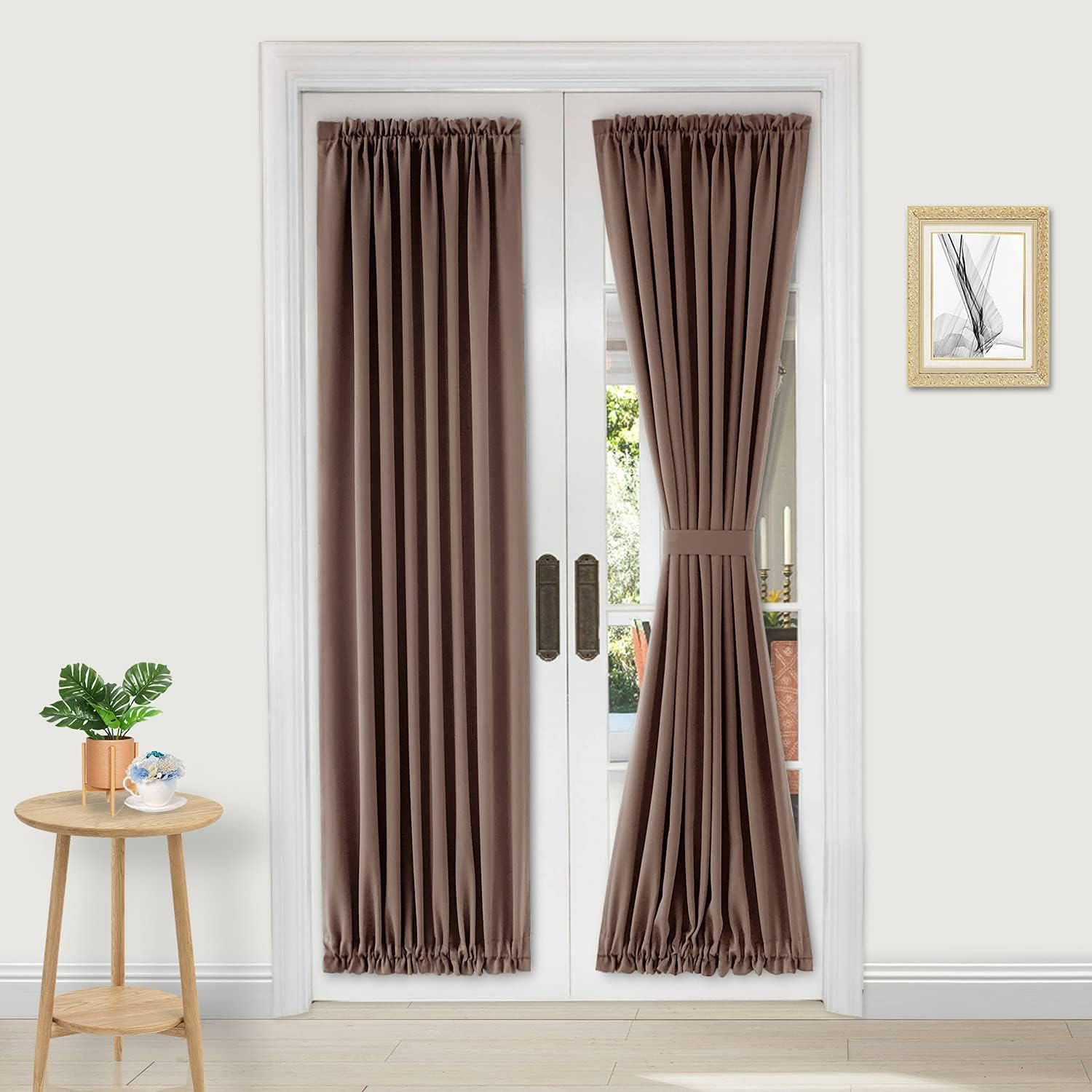 DWCN French Door Curtains – Rod Pocket Thermal Blackout Curtain for Doors with Glass Window, Kitchen and Patio Doors for Privacy, 36 X 72 Inches Long, 1 Curtain Panel with Tieback,Khaki