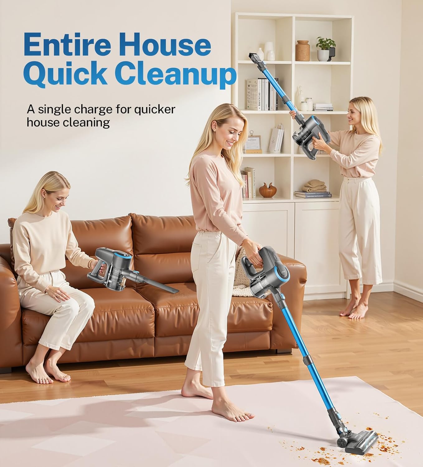 DEVOAC Cordless Vacuum Cleaner, Ultra-Lightweight Stick Vacuum, 2200mAh Battery Up to 40mins Runtime, 6 in 1 Powerful Handheld Vacuum for Home Hard Floor Carpet Pet Hair (Sea Blue)