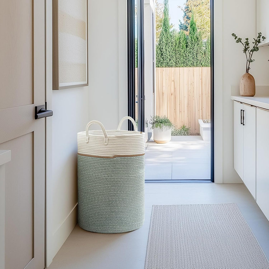 LA JOLIE MUSE Woven Basket Rope Storage Baskets - Tall Cotton Basket, Laundry Basket for Blanket, Kids Toy, Nursery Clothes Hamper Basket, Ivy Green, 72 Liter