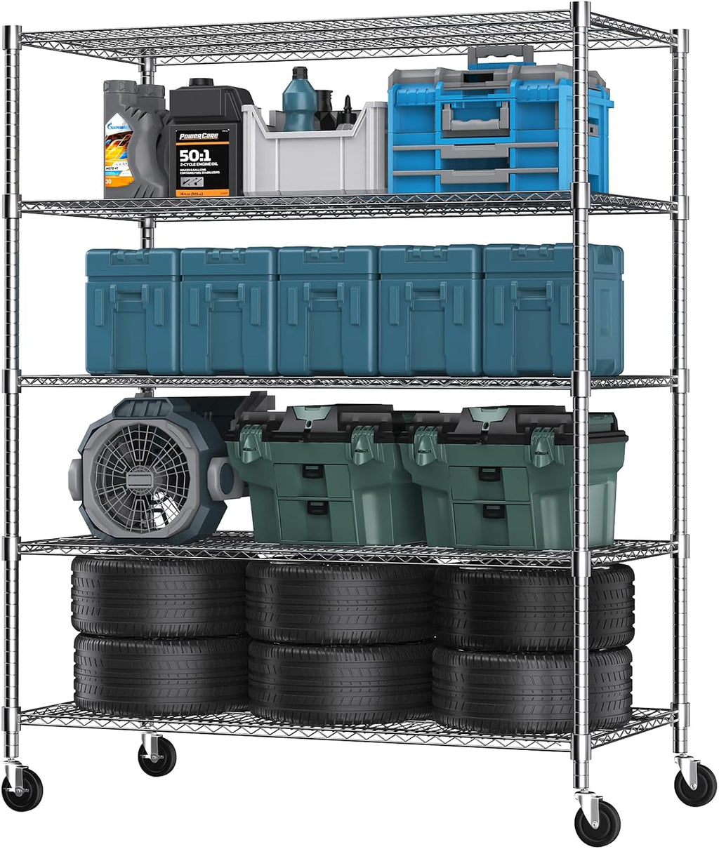 Himimi 5 Tier Wire Shelving with Wheels Heavy Duty Height Adjustable Metal Shelves for Storage, Commercial Grade Steel Utility Wire Rack for Kitchen Garage Pantry Organization-24×48×82, Silver