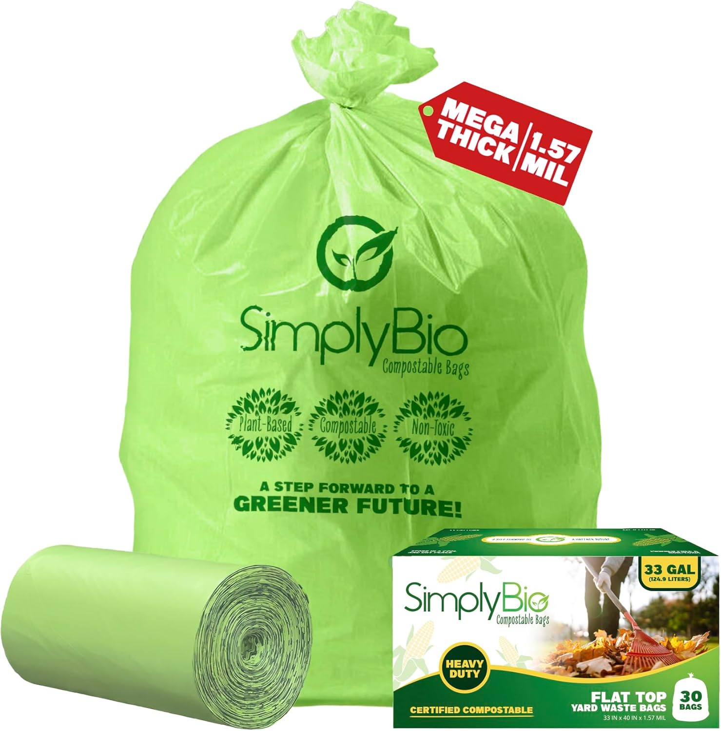 Simply Bio 30-33 Gallon Compostable Trash Bags Liners Flat-Top, Heavy Duty Extra Thick 1.57 Mil, 124.92 Liter, 30 Bags, Lawn, Yard, and Restaurant Use, ASTM D6400, US BPI, OK Compost Home Certified