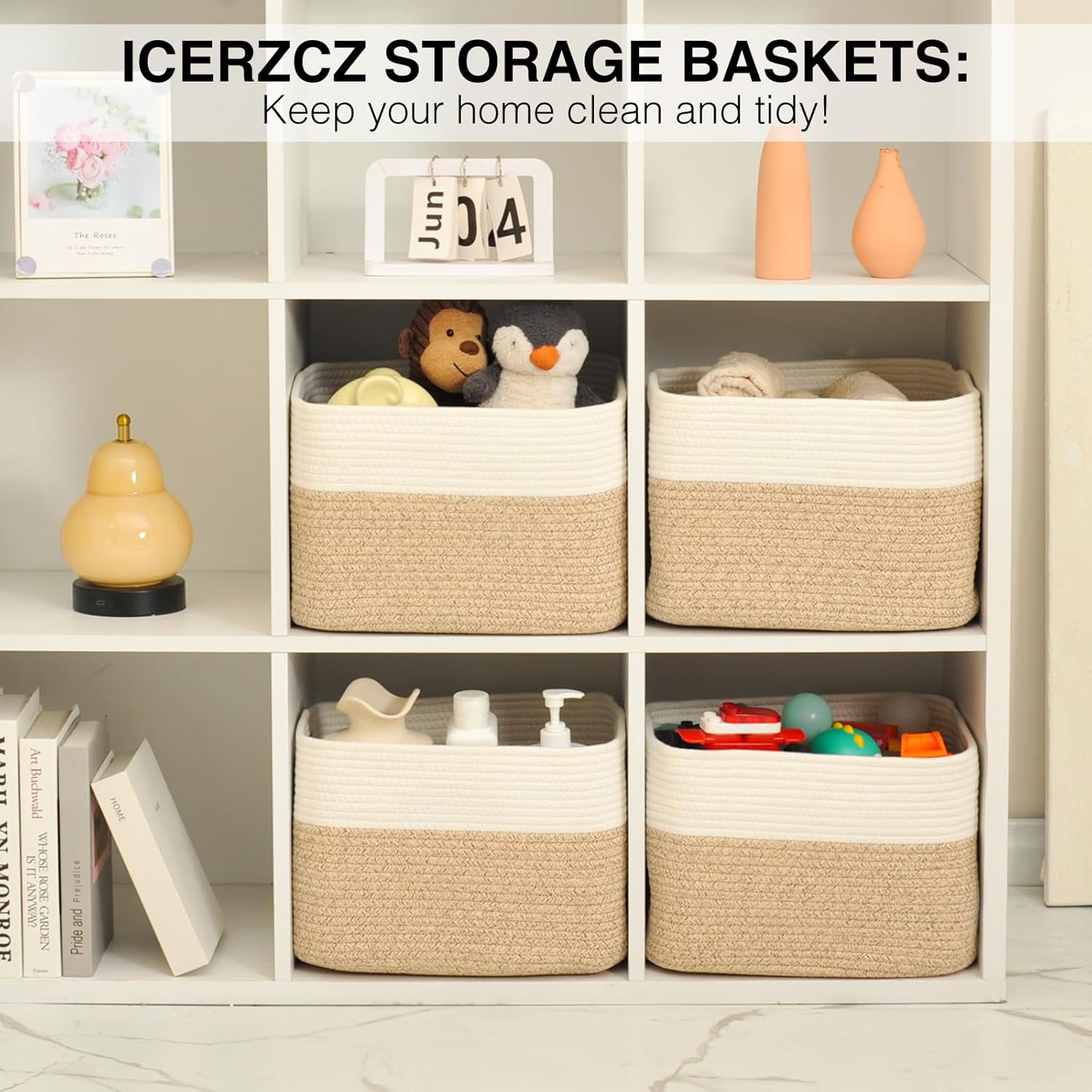 Storage Baskets for Organizing & Shelves, Woven Cotton Rope Organization Bins for Dog Toys, Clothes, Books, Nursery Organizer, 15" Lx11''Wx9.5''H, (4 Packs) Off White & Brown