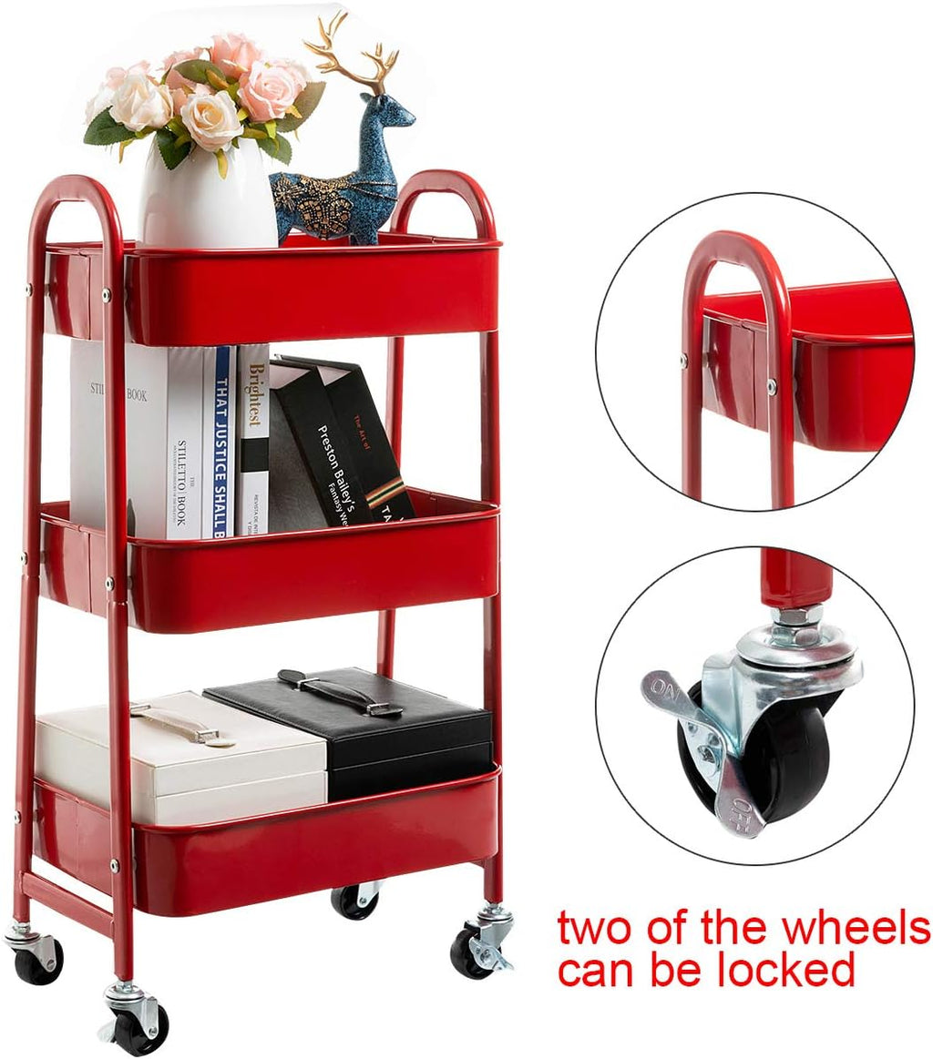 AGTEK Makeup Cart, Movable Rolling Organizer Cart, Red 3 Tier Metal Utility Cart