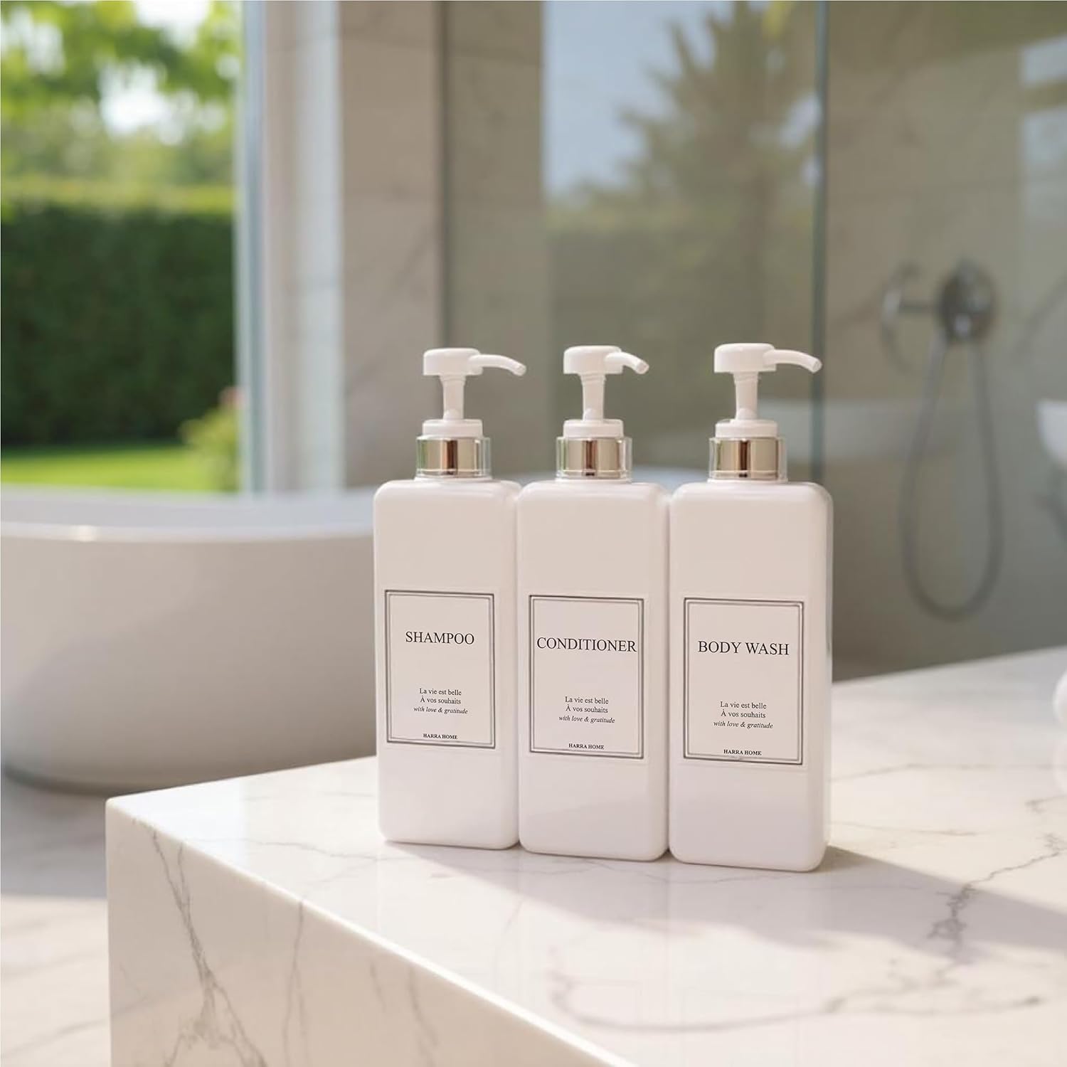 Modern Design Large 27 oz Shampoo and Conditioner Dispensers - Empty Plastic Refillable Pump Bottle Set for Bathroom Shower Soap Dispenser, Set of 3 (White & Silver)