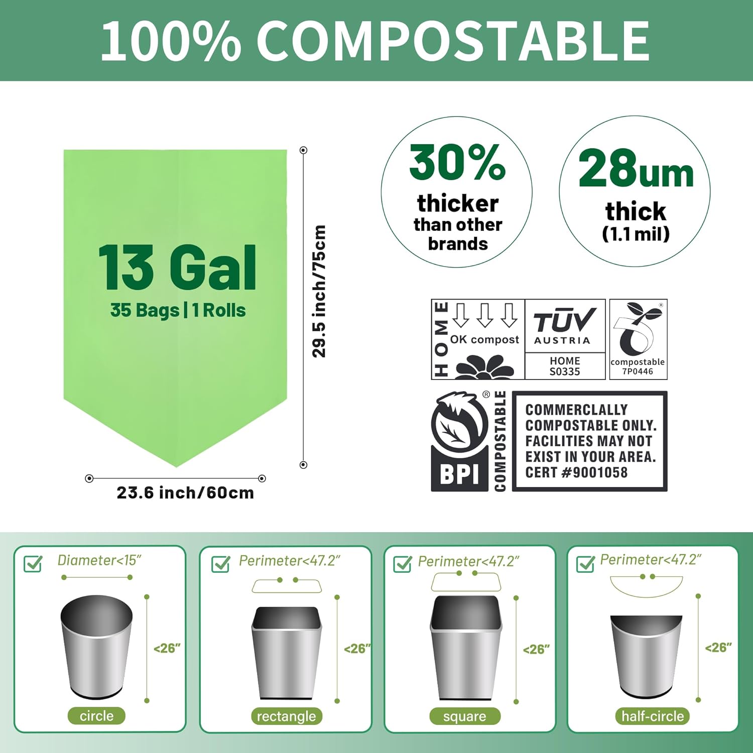 13 Gallon Trash Bags Compostable Compost Large Garbage Bag Extra Thick 1.1 Mil for Kitchen Bathroom BPI Certified 35 Counts, Green