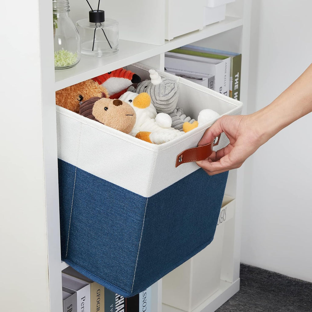 DULLEMELO 12 inch Cube Storage Bins, Gift Baskets Empty for Boy Girl Mother Father Christmas Festival,Fabric Storage Bins Cube Organizer Baskets With Leather Handles(White&Blue-4 Pack)