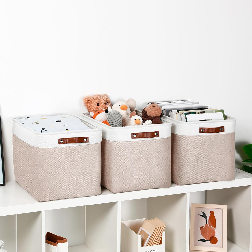 DULLEMELO Fabric Storage Bins, Lining Fabric Baskets For Gifts, Large Storage Baskets for Toys Books Clothes Storage, Foldable Storage Basket for Office Home Shelves Closets Organizing(White&Khaki)