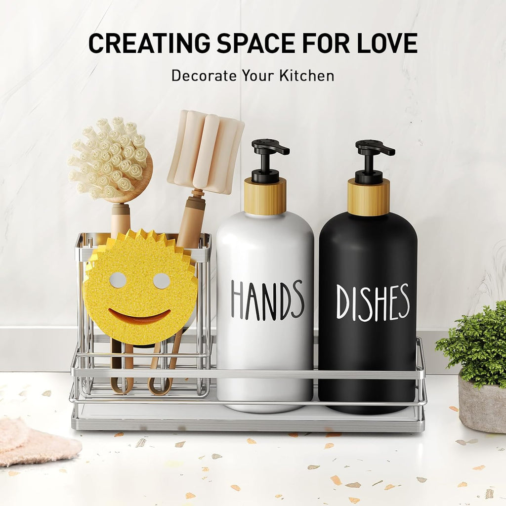 Moforoco Kitchen Dish Soap Dispenser Set, 16OZ Glass Bottle, Hand and Dish Soap Dispenser Set, Instant Dry Tray, Non-Slip Silicone Pad, Brush Holder with Smiley Face Sponge Holder, Kitchen Decor