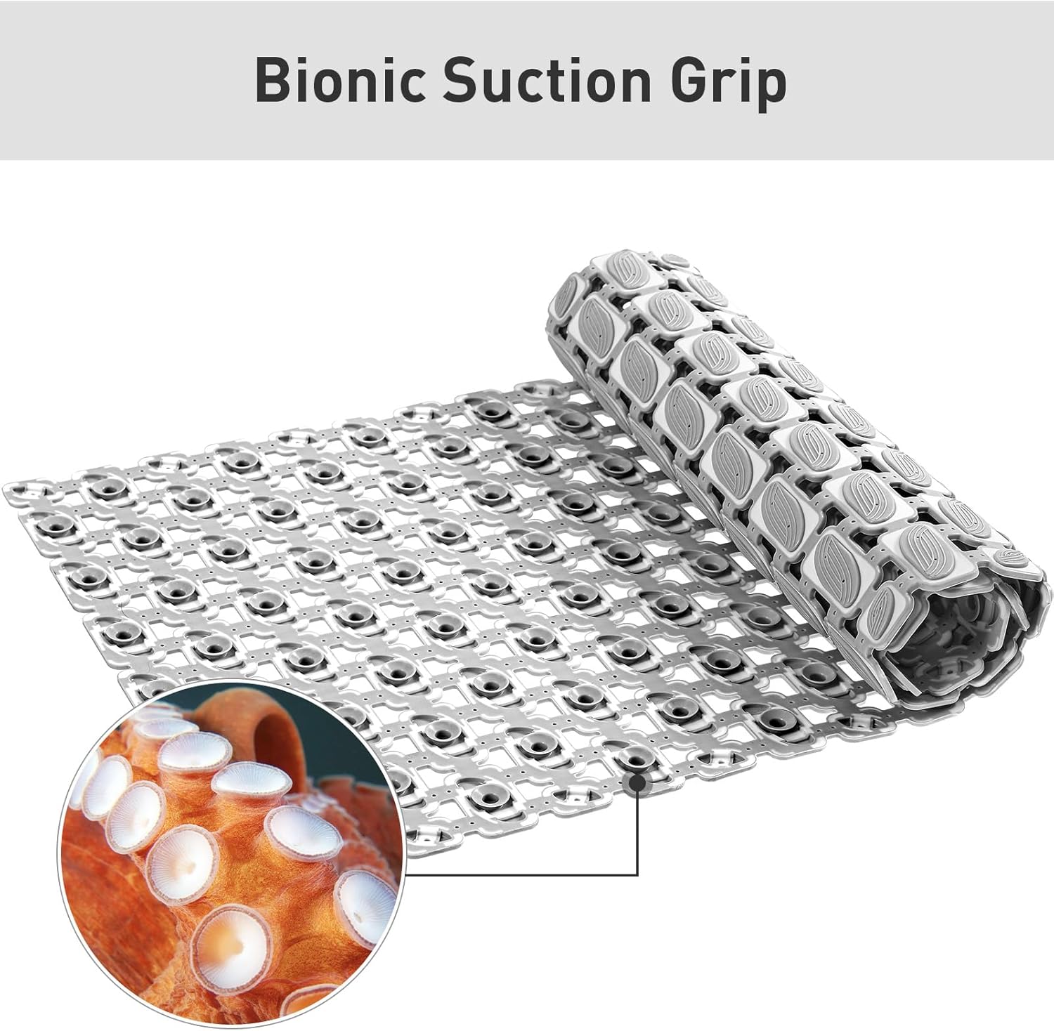 Shower Mat Non Slip Bathtub Mat - 36 x 16 Inch Eco-Friendly Soft Bath Mat for Tub Non Slip Shower Mats for Inside Shower with Suction Cups and Drain Holes, Easy to Clean Quick-Drying, Grey