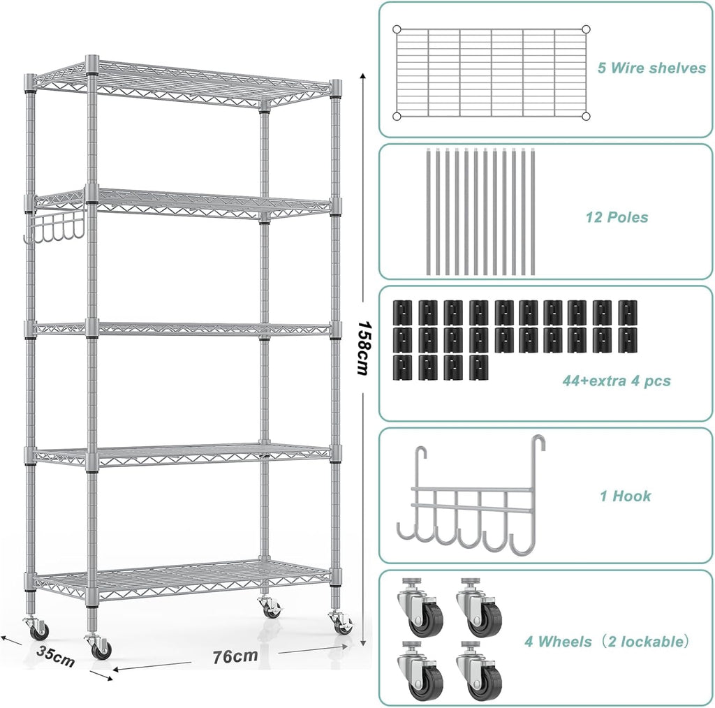 Himimi 5-Tier Storage Shelf Wire Shelving Unit on Wheels, Adjustable Heavy Duty Metal Shelves with Side Hooks, Steel Rack Organization for Kitchen Garage Basement, Silver
