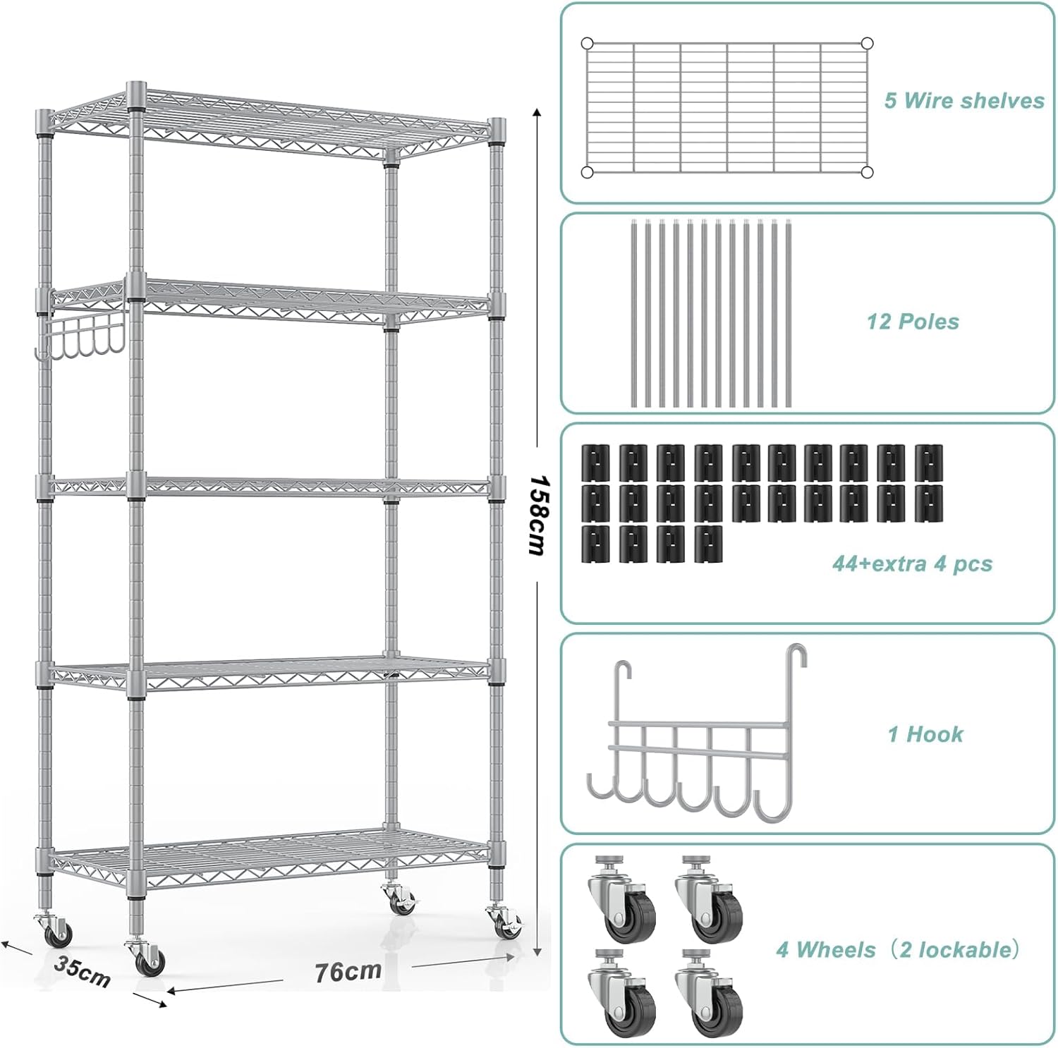Himimi 5-Tier Storage Shelf Wire Shelving Unit on Wheels, Adjustable Heavy Duty Metal Shelves with Side Hooks, Steel Rack Organization for Kitchen Garage Basement, Silver