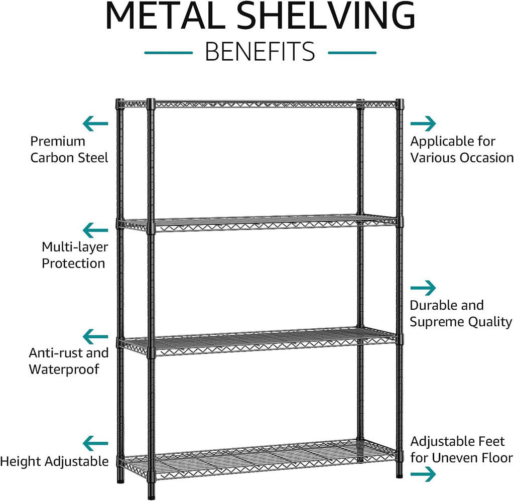 IZEUK 1400 LBS Garage Black Shelving Wide Storage Shelves 4 Tier Adjustable Heavy Duty Metal Wire Rack Standing Shelf Unit for Kitchen Office College Dorm Garage Warehouse 15.8" x 45.8"x 59.4"
