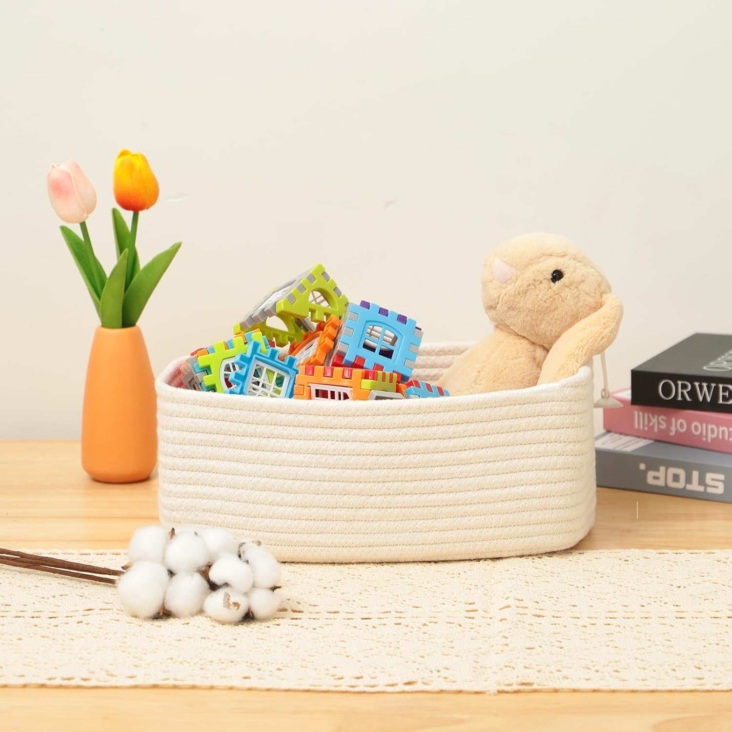 Small Storage Baskets for Organizing | Closet Organizer Bins | Shelf Toy Basket | Woven Rope Baskets | Cube Decorative Box | Shallow Basket | 11.5x7.5x4.7” | 4 Packs Off White
