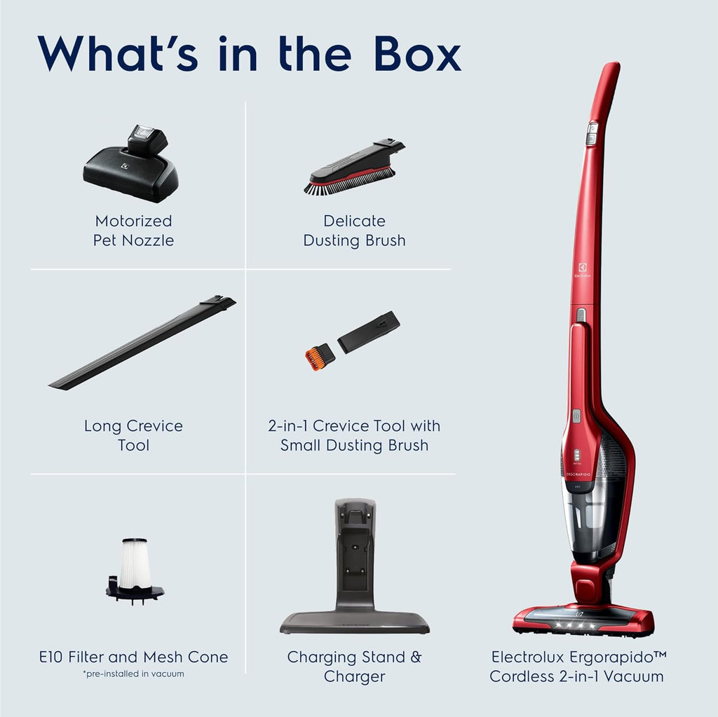 Electrolux Ergorapido Pet Cordless 2-in-1 Vacuum Cleaner with Motorized Pet Nozzle for Easy Pet Hair Removal, 48-Minute Run Time, 2 Power Modes, Chili Red