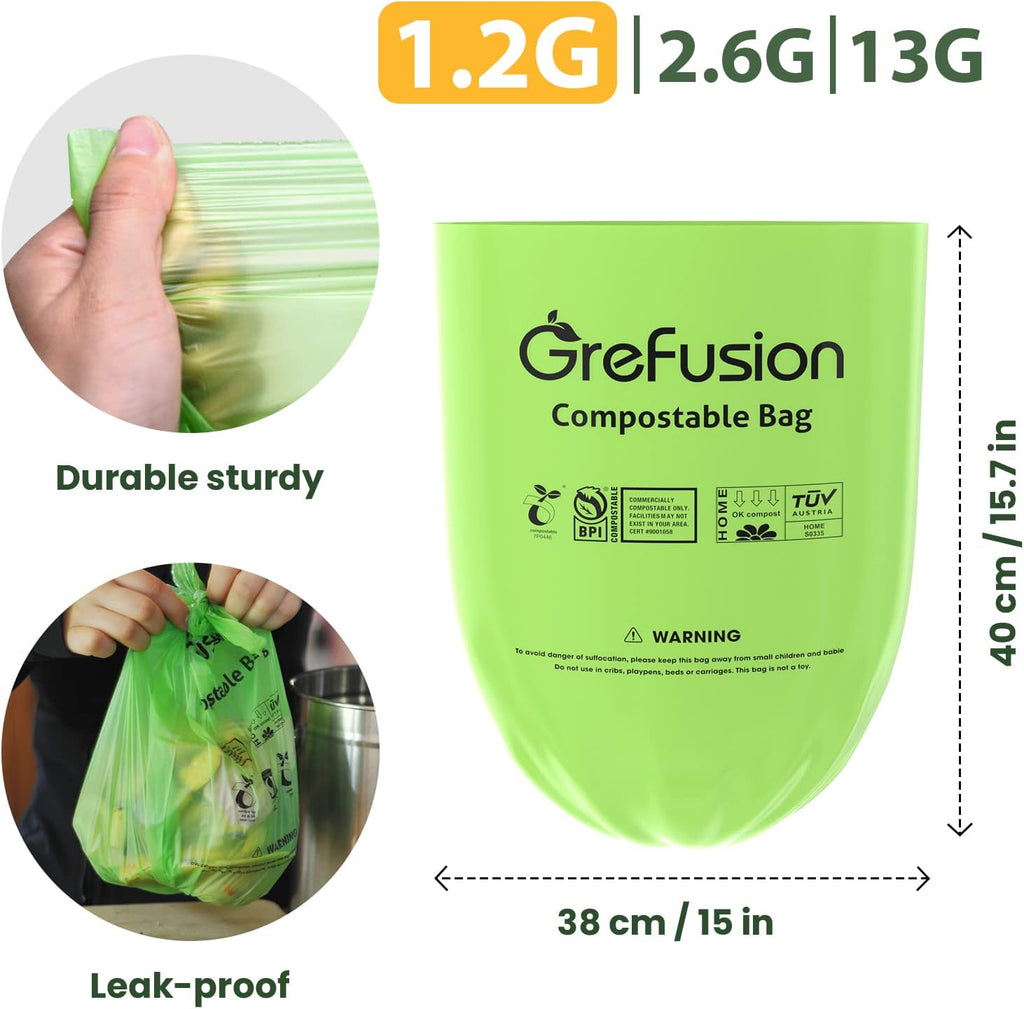 GreFusion Compostable Bags for Kitchen Compost Bin, 1.2 Gallon, 125 Count, Certified by BPI and ASTM, Leakproof and Odor Control