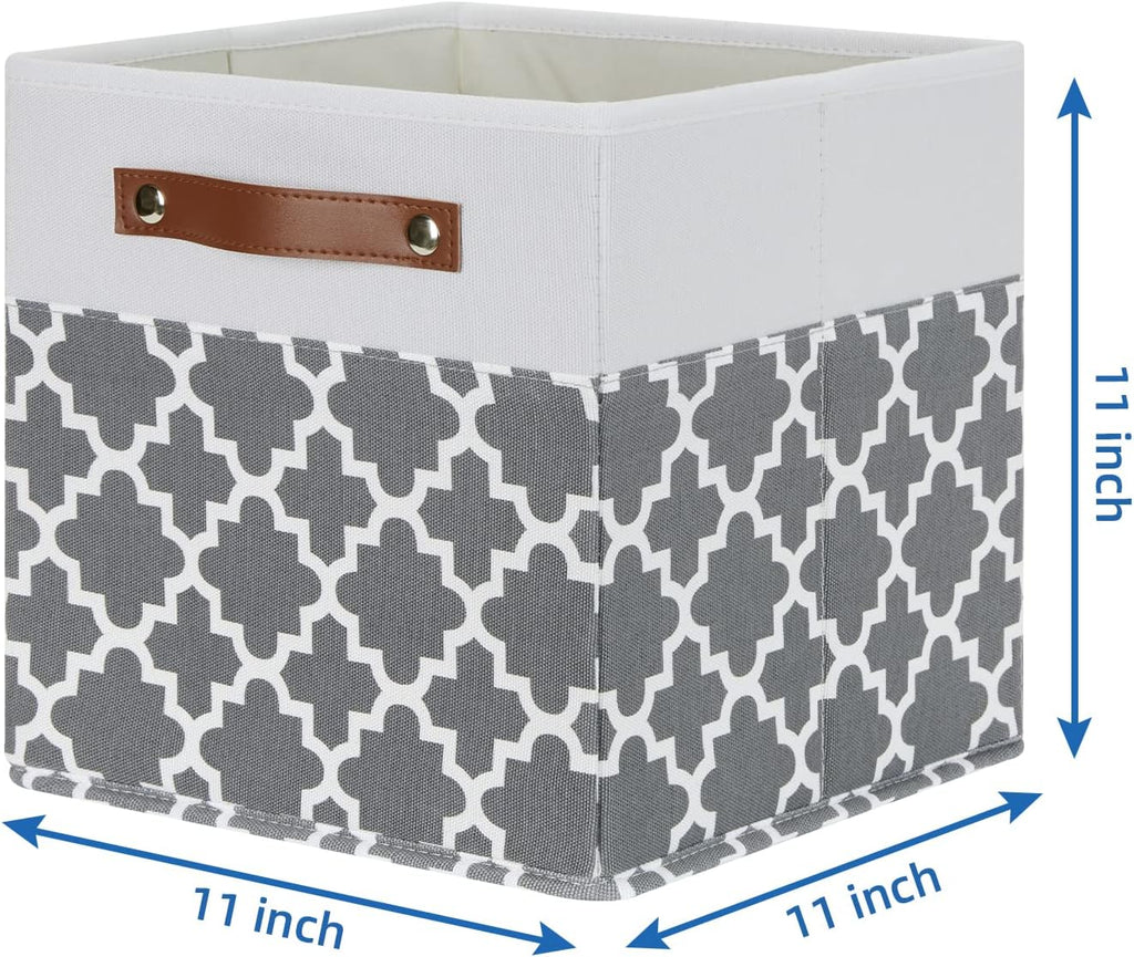 Temary 11x11x11 Cube Storage Bins Cube Organizer Bins 4 Pack Canvas Storage Bin for Home, Cube Storage Basket with Leather Handles(Grey Lattice)