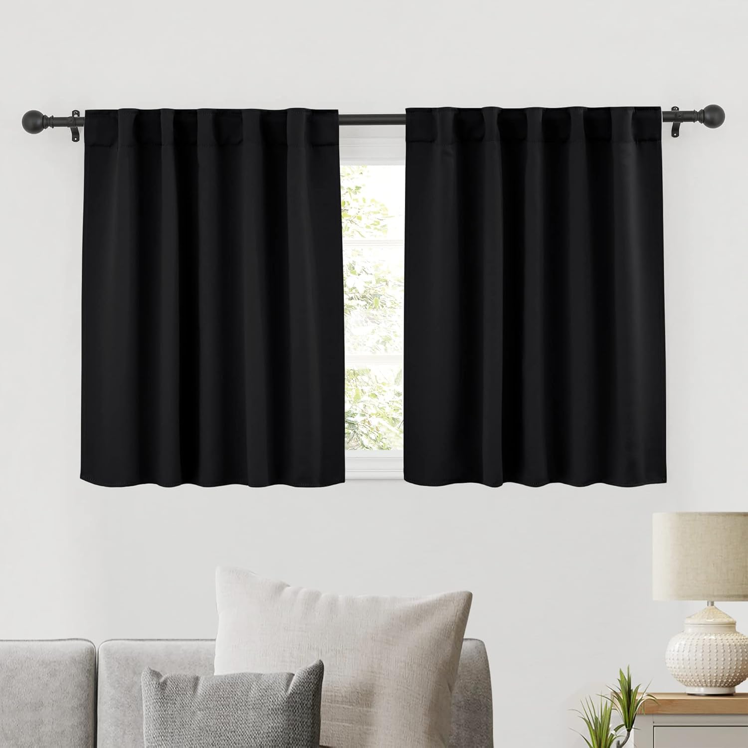RYB HOME Bathroom Curtains Blackout - Thermal Insulating Privacy Small Window Curtains Short for Bedroom Basement Kitchen Kids Nursery Closet Cabinet, Wide 42 x Long 30 inches, 2 Panels, Black