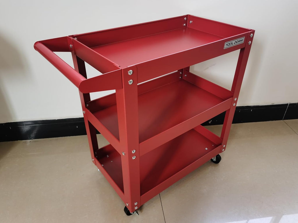 Utility Service Cart, 3 Shelf 150LBS Heavy Duty Steel Rolling Utility Cart, Medium Lipped Shelf, 360° Swivel Wheels, Ergonomic Storage Handle for Warehouse Garage, Red