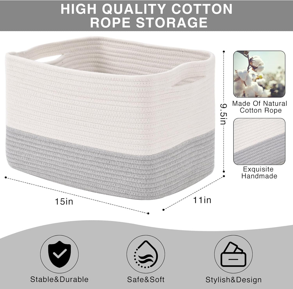 Storage Baskets for Organizing Shelves, Woven Cotton Rope Bins for Baby Nursery Organization, Book Toy Towel Organizer, 15"x11"x9.5", 3 Packs, Off White & Grey