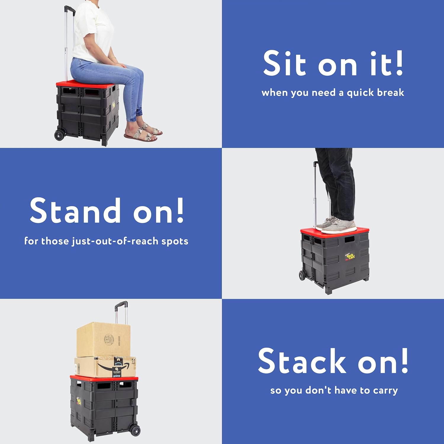 dbest products Quik Cart Collapsible Rolling Crate on Wheels for Teachers Tote Basket 80 lbs Capacity, Made from Heavy Duty Plastic and used as a Seat, Standard, Red