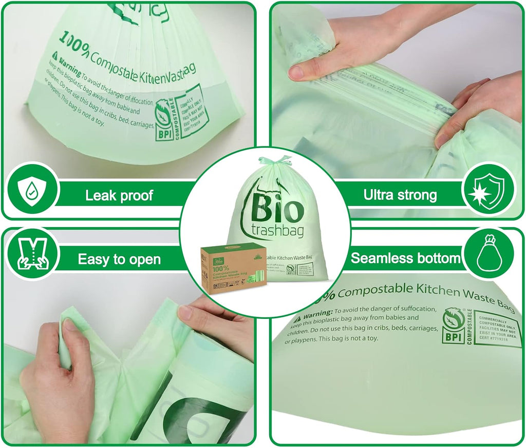 8 Gallon Compostable Trash Bags, 50 Count Drawstring Trash Bags Biodegradable, Heavy Duty Extra Thick Compost Bags, Kitchen Food Scrap Waste Bag, US BPI and OK Compost Home Certified