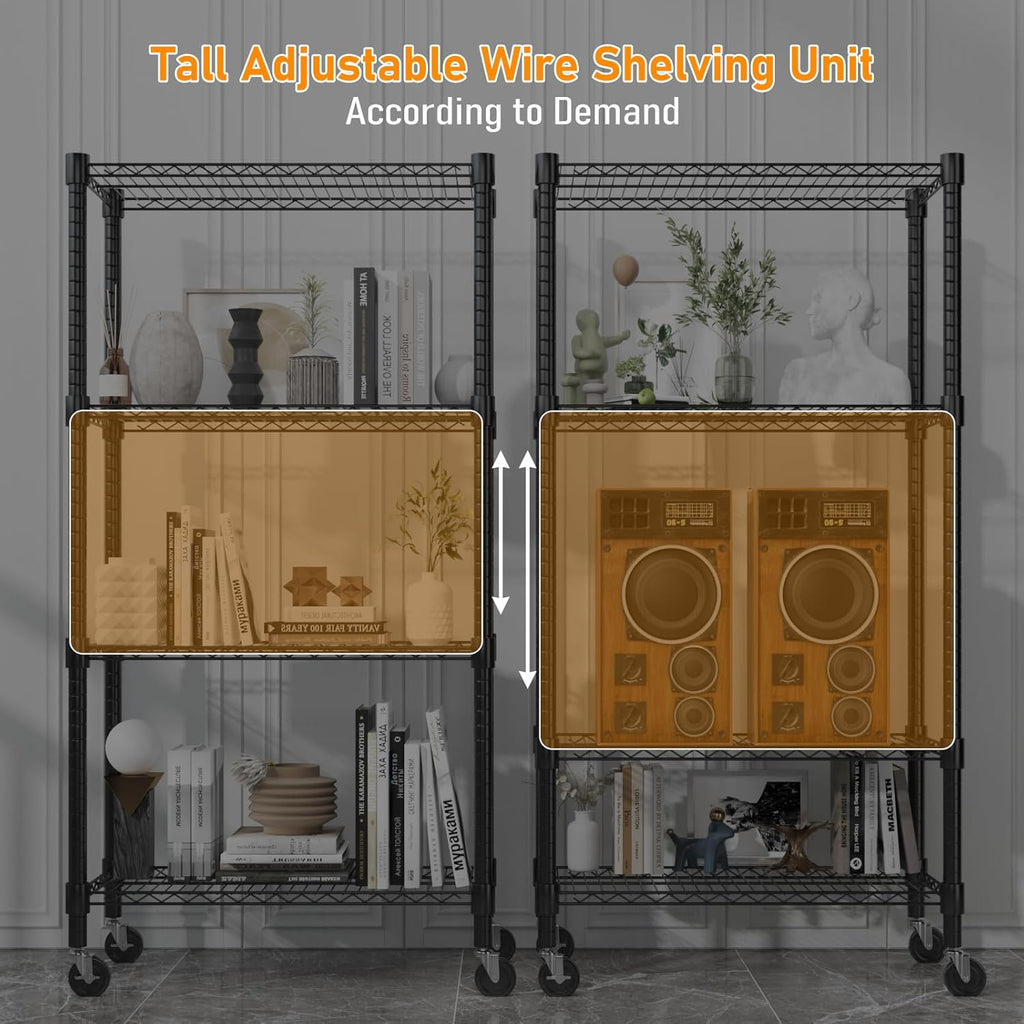 Himimi 72" H Wire Shelving Unit Storage, Metal Storage Shelves with Wheels, Heavy Duty Shelves with 4-Tier Adjustable Layer Rack Strong Steel for Kitchen Pantry Basement, 14" D×30" W×72" H, Black