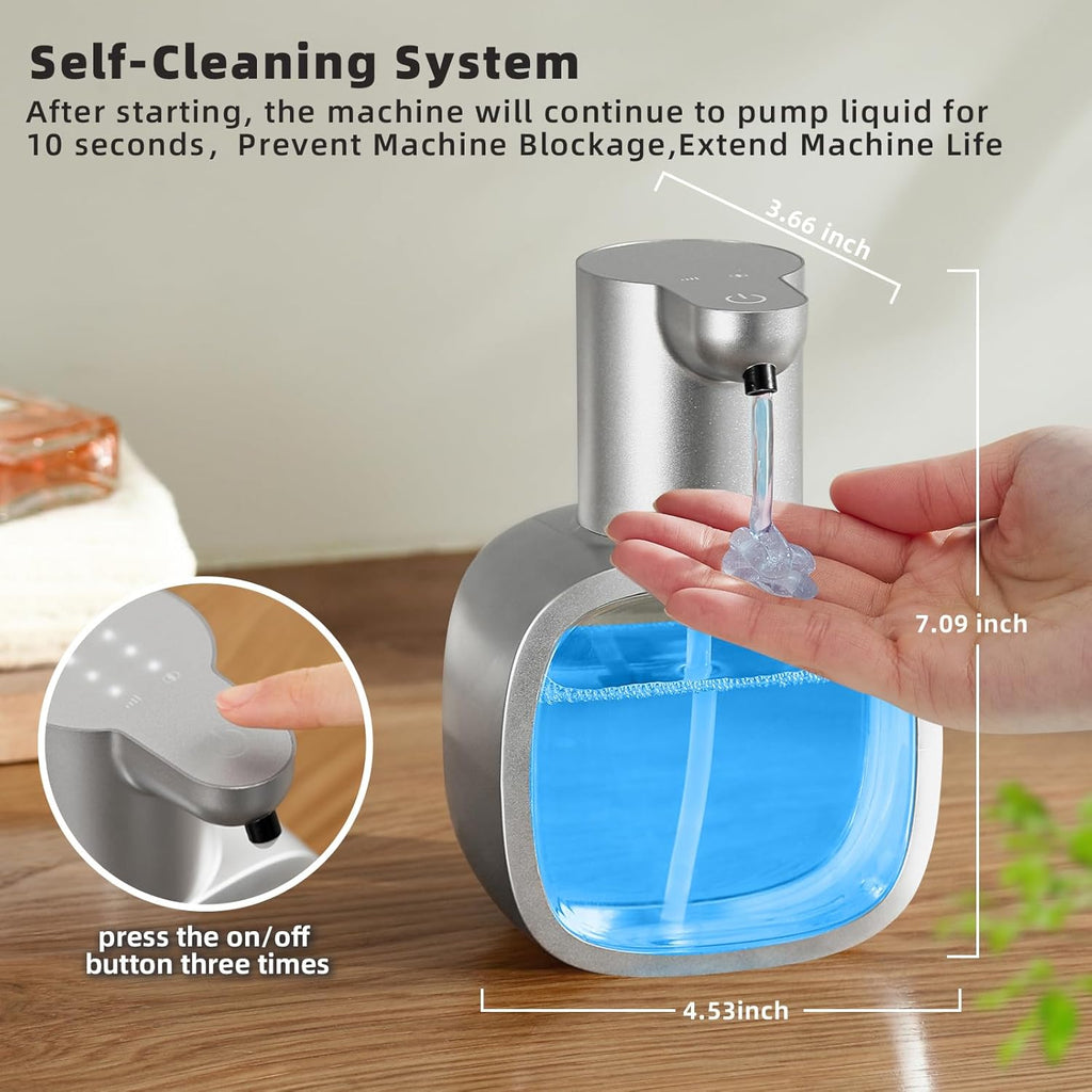 Automatic Liquid Soap Dispenser, 17oz/500ml Touchless Rechargeable with 4-Level Adjustable & IPX5 Waterproof - Level Display for Wall/Tabletop Use in Bathroom, Kitchen, Silver
