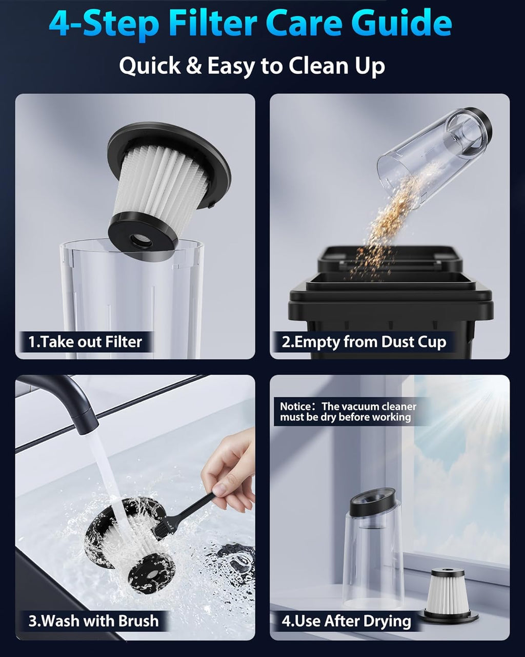 Handheld Vacuum Cordless 1.1 Pounds Car Vac 10000PA Hand Held Vacuums 4-in-1 Hand Vac Cordless Rechargeable HEPA Filter Large Capacity Dust Cup for Car Office Home Pets Hair (Gray)