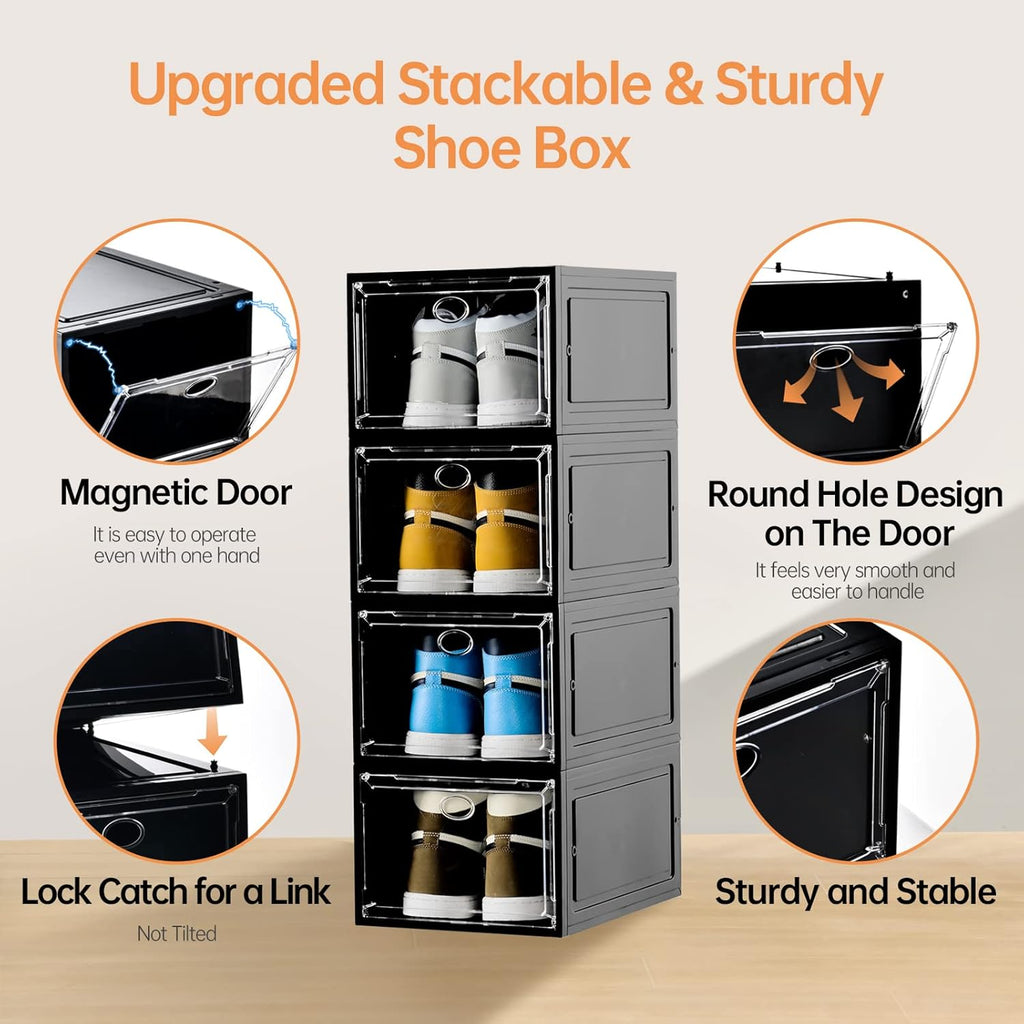 12 Pack Shoe Boxes Stackable,Upgraded Sturdy Shoe Storage Boxes with Clear Magnetic Door,Multifunctional Sneaker Storage, Shoe Box Organizer Fit up to US Size 12 Gray(13.8”x 9.84”x 7.1”)